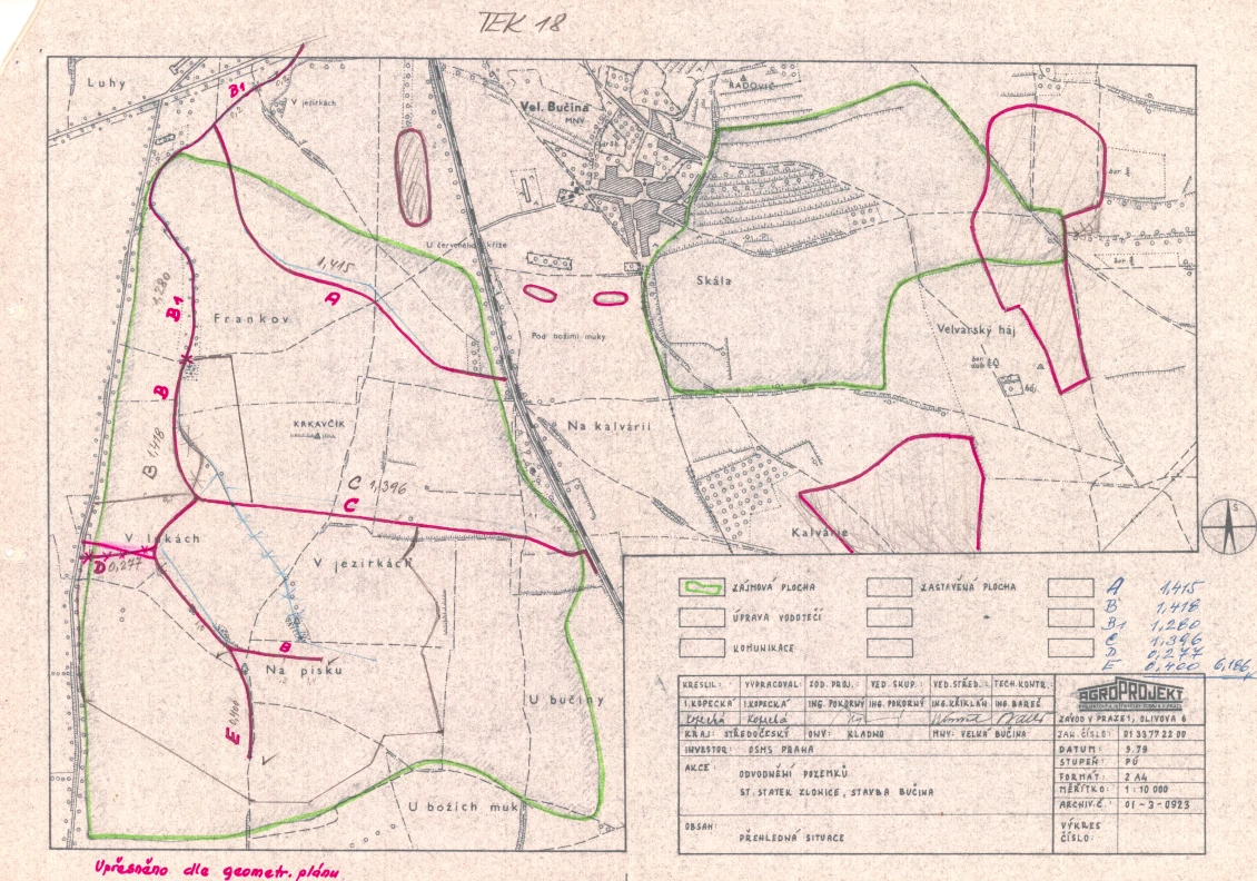 Přehledná situace odvodnění pozemků státního statku Zlonice, 1979
