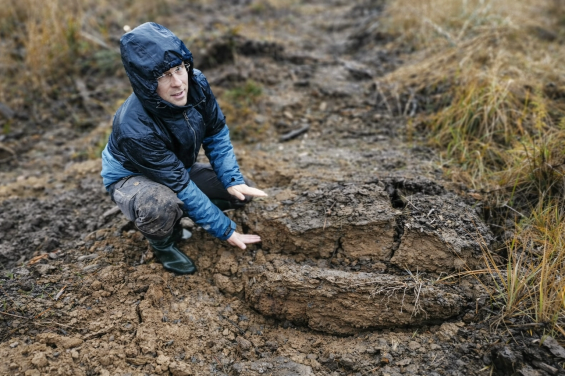 Utužená půda po pojezdu těžké techniky na lesní svážnici